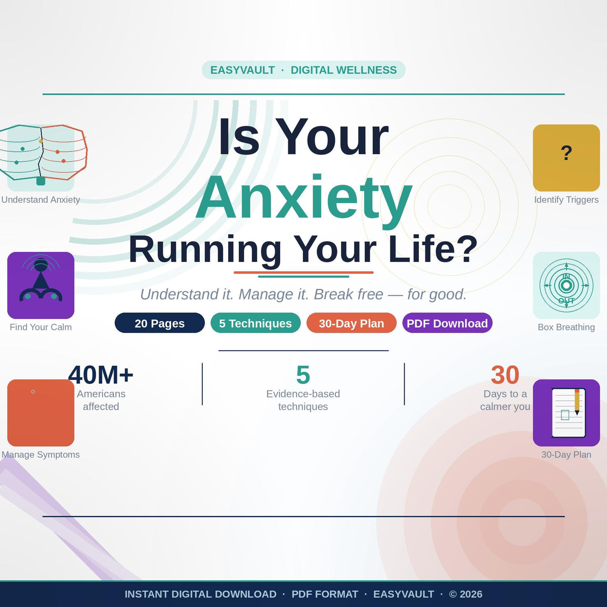 Anxiety Workbook: Anxiety Relief, Self-Help, Grounding Techniques, 30-Day Plan, Mental Health guide, Instant Download.