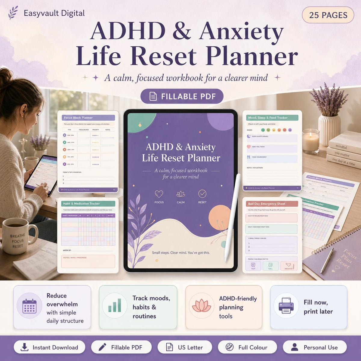 ADHD Anxiety Life Reset Planner | Fillable Printable PDF (Digital Download)