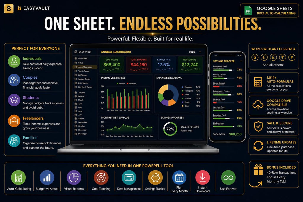 Annual Budget Spreadsheet Google Sheets | Navy Gold Dark Mode Planner (Digital Download)
