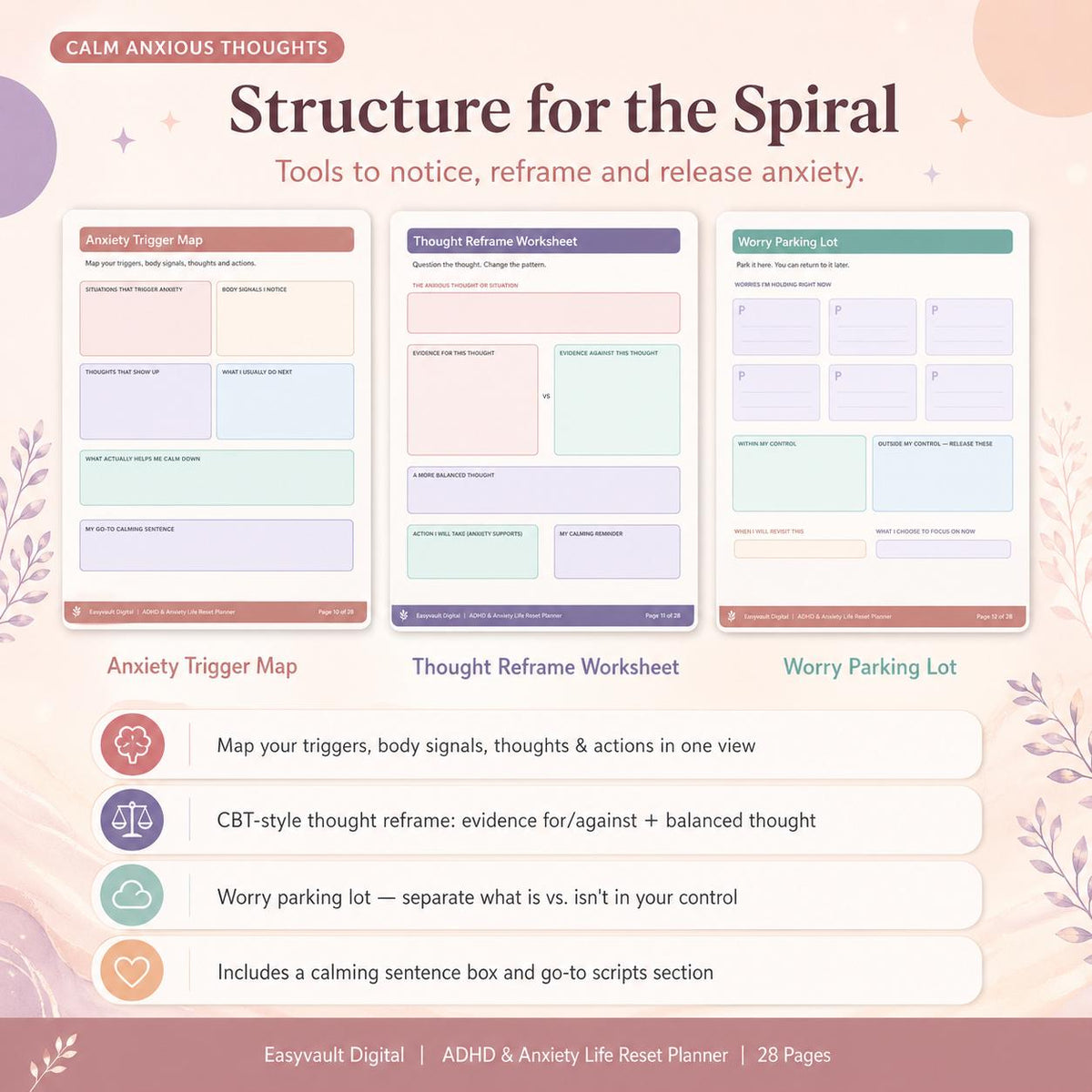 ADHD Anxiety Life Reset Planner | Fillable Printable PDF (Digital Download)