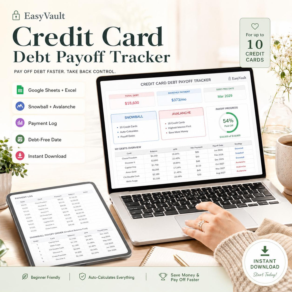 Credit Card Debt Payoff Tracker | Snowball, Avalanche Calculator (Google Sheets, Excel)