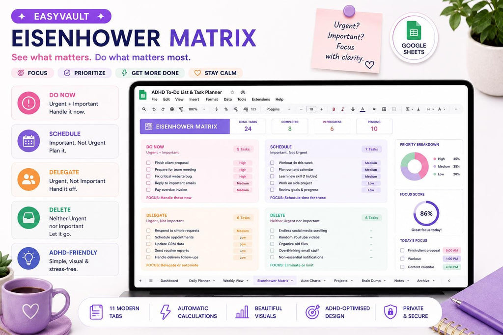 ADHD Task Planner Google Sheets | Daily Weekly Eisenhower Matrix Tracker