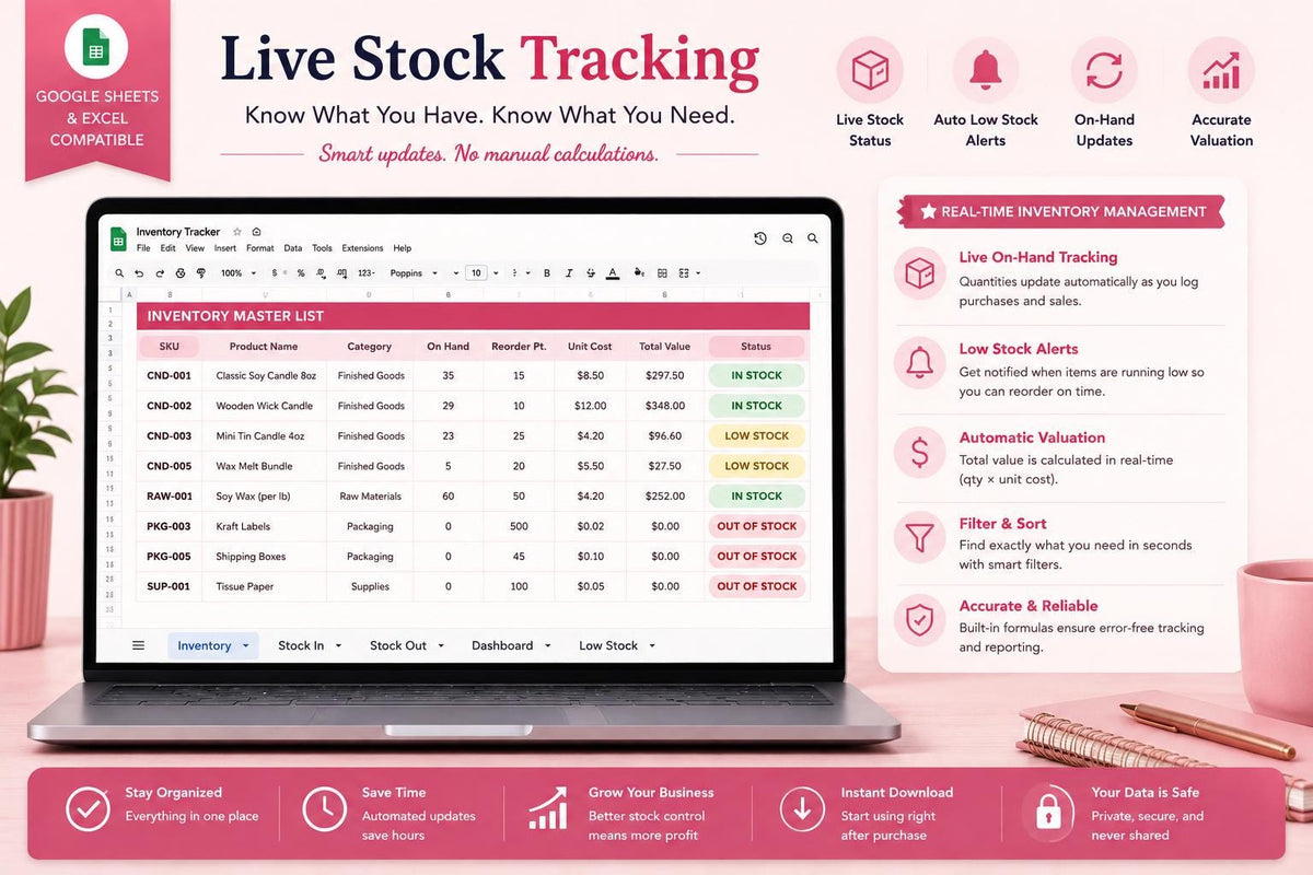 Small Business Inventory Tracker: Google Sheets, Excel Compatible, Low Stock Alerts