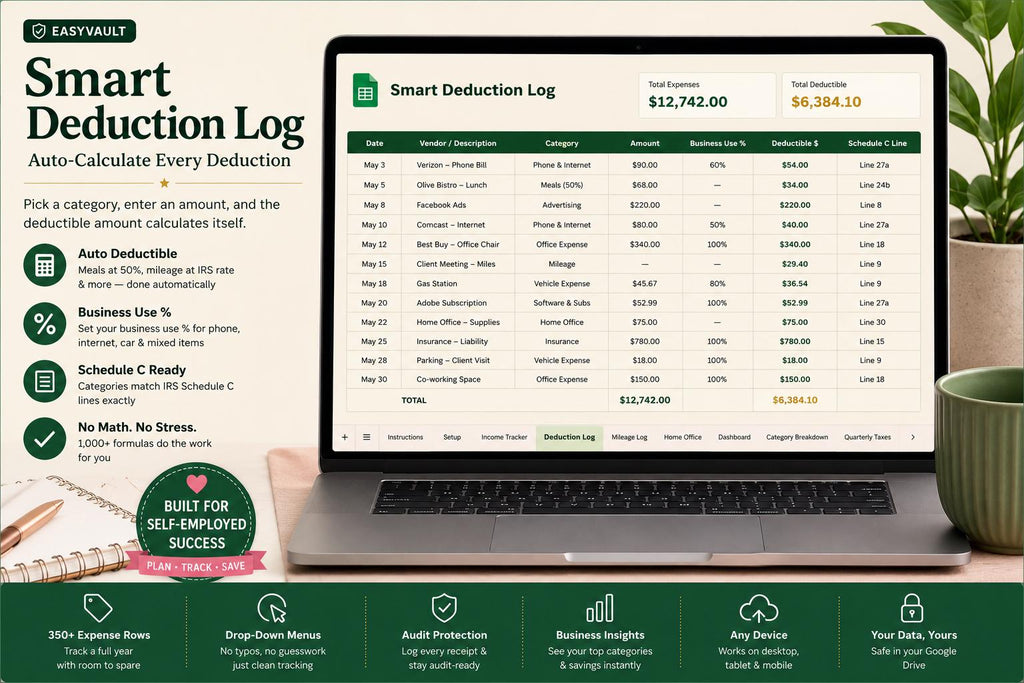 Self-Employed Tax Deduction Tracker: 1099 Freelancer Schedule C Expense Calculator (Google Sheets)
