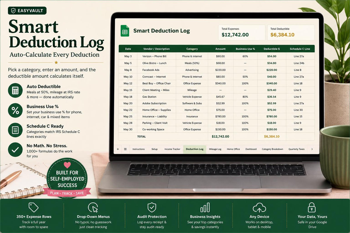 Self-Employed Tax Deduction Tracker: 1099 Freelancer Schedule C Expense Calculator (Google Sheets)