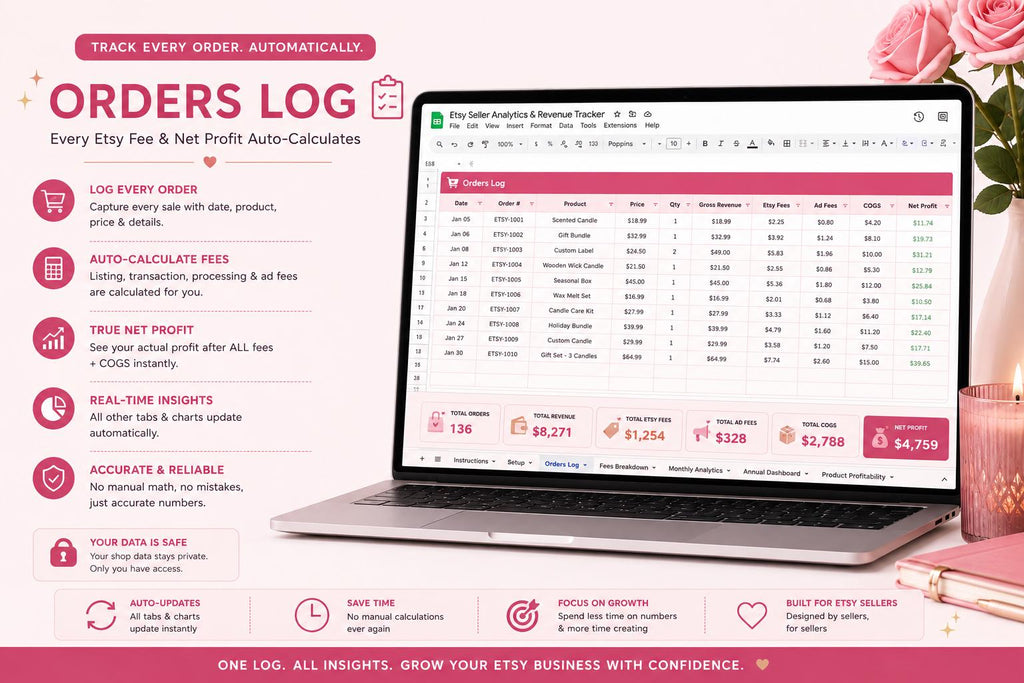 Etsy Seller Analytics Revenue Tracker Spreadsheet (Google Sheets, Excel)