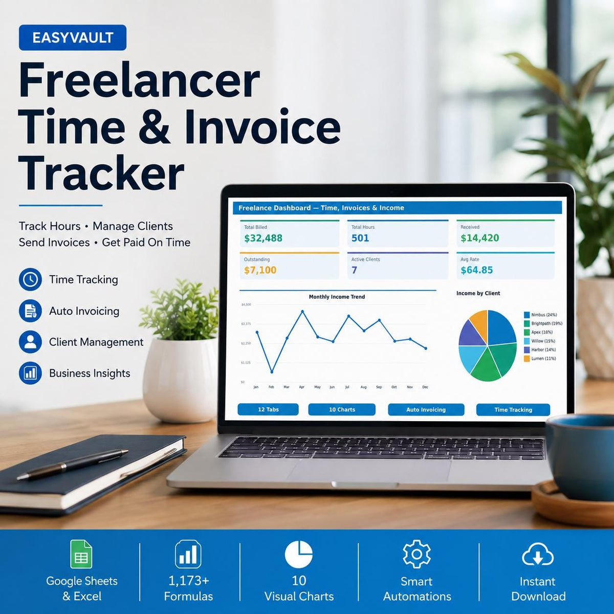 Freelancer Time Tracker: Google Sheets & Excel Invoice Generator (Digital Download)