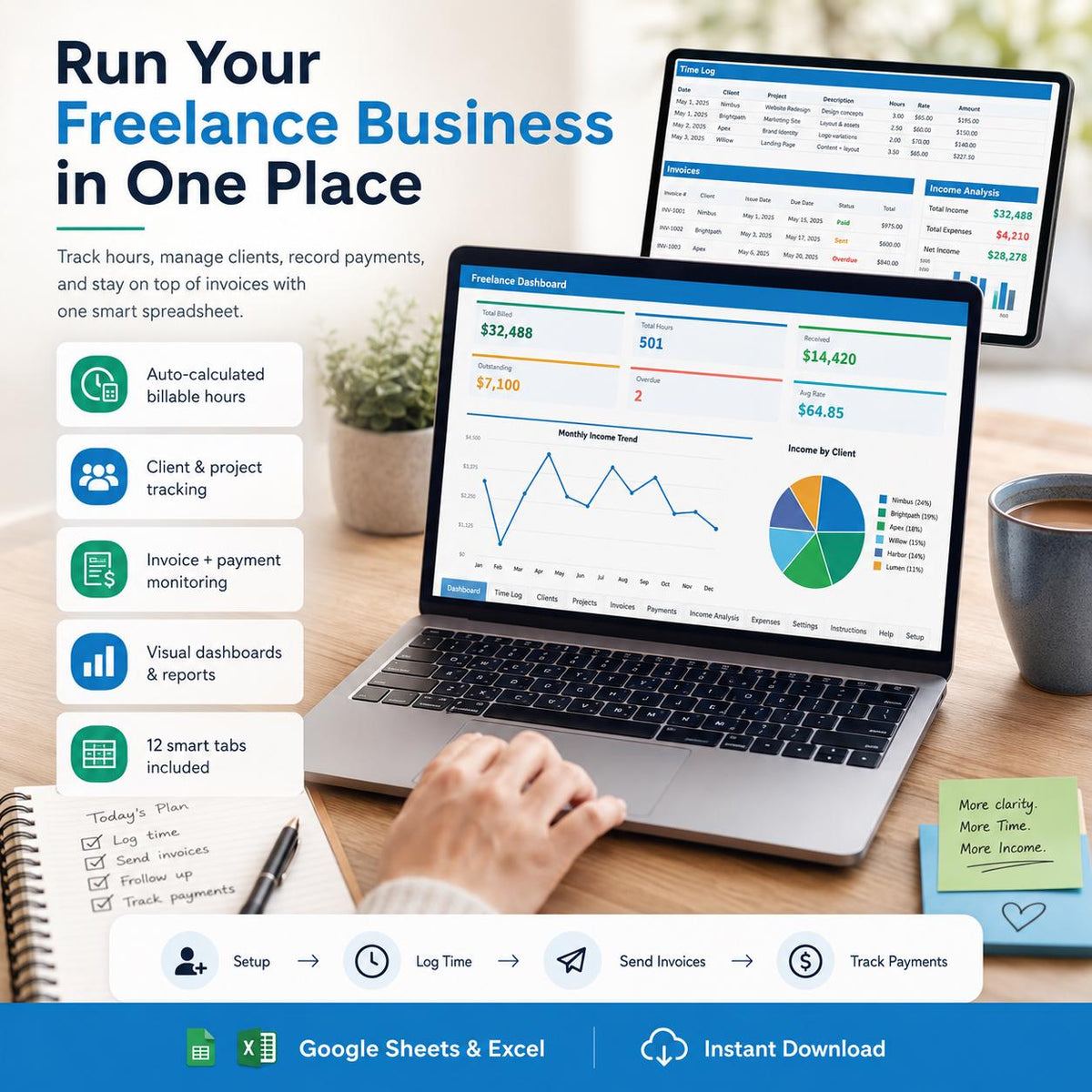Freelancer Time Tracker: Google Sheets & Excel Invoice Generator (Digital Download)