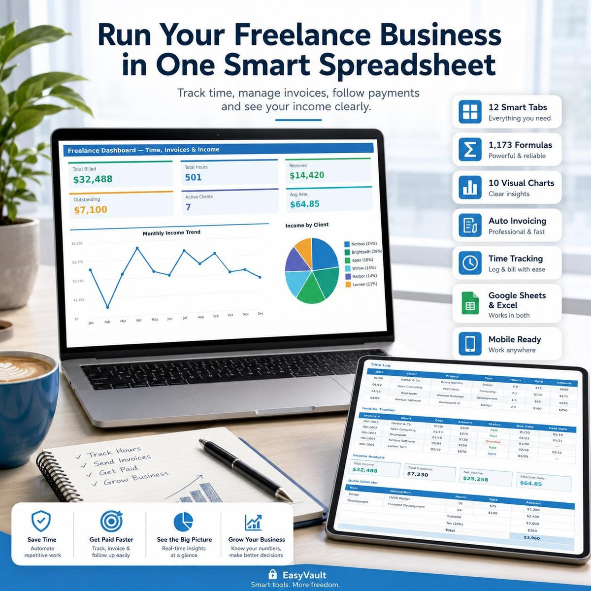 Freelancer Time Tracker: Google Sheets & Excel Invoice Generator (Digital Download)