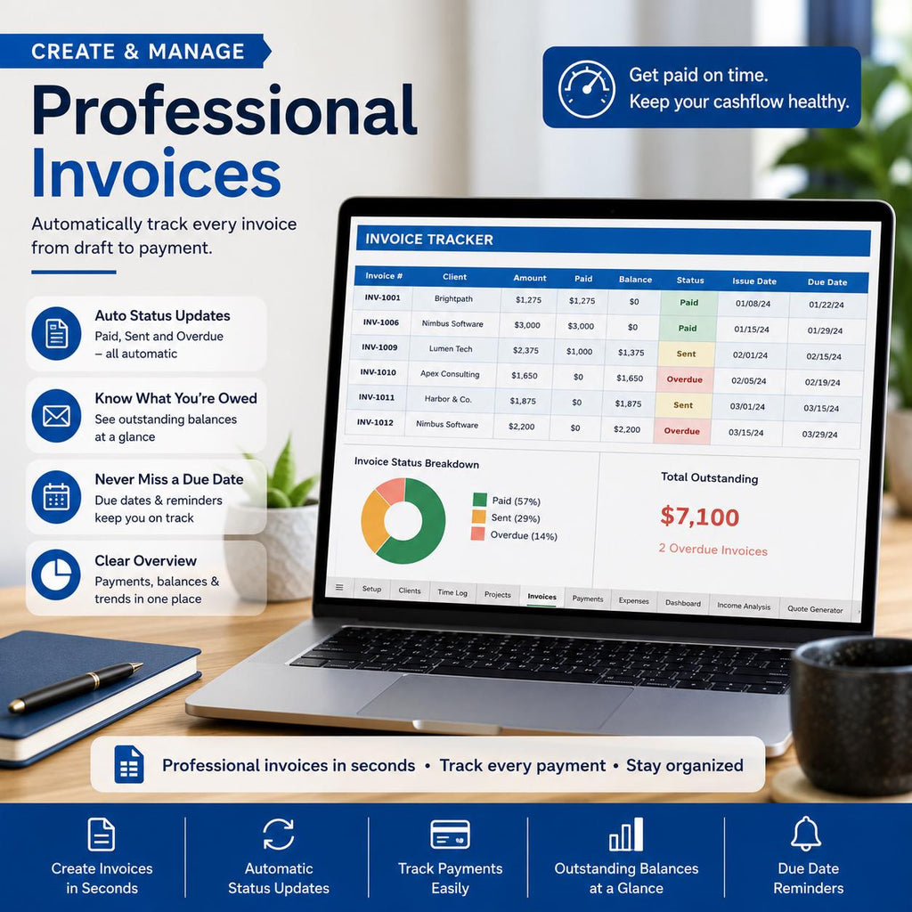 Freelancer Time Tracker: Google Sheets & Excel Invoice Generator (Digital Download)