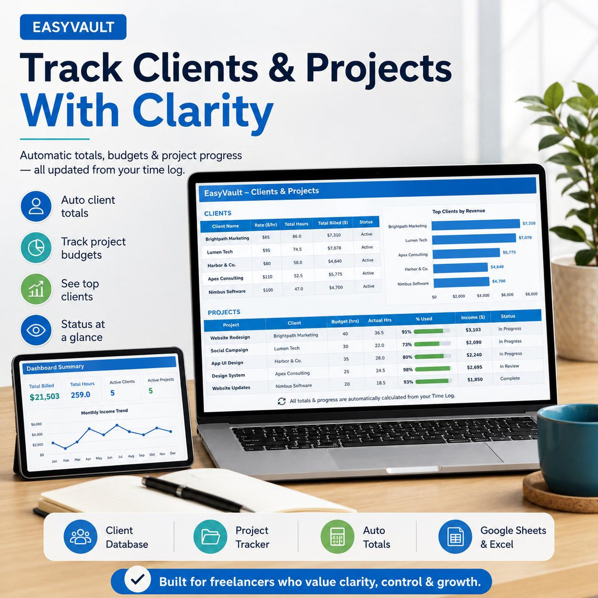 Freelancer Time Tracker: Google Sheets & Excel Invoice Generator (Digital Download)