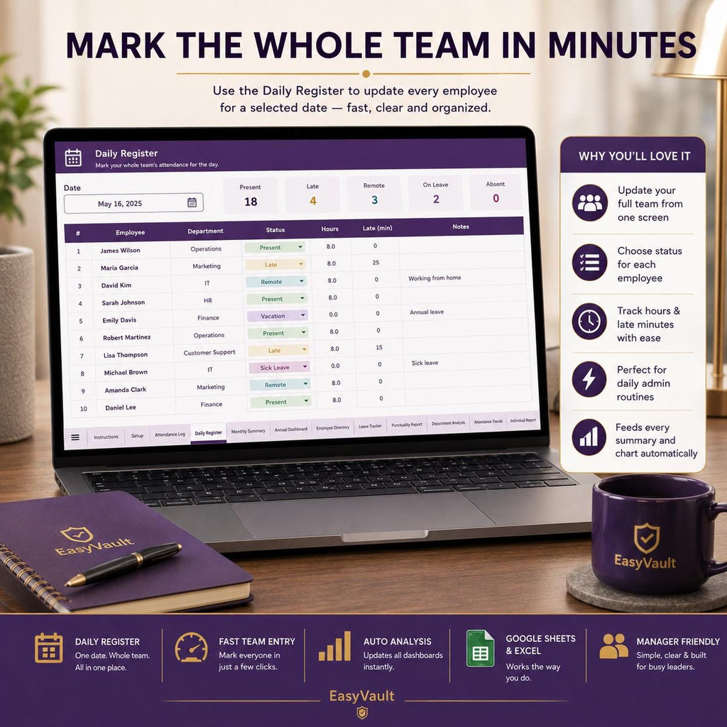 Employee Attendance Tracker Google Sheets, Staff Leave Punctuality Log