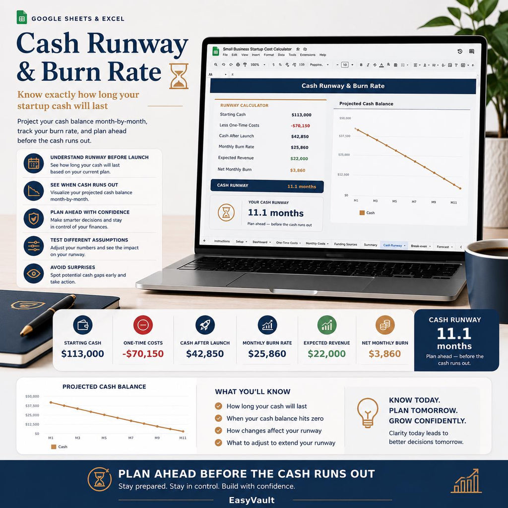Small Business Startup Cost Calculator: Budget, Funding, Cash Runway (Google Sheets/Excel)