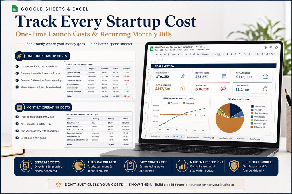 Small Business Startup Cost Calculator: Budget, Funding, Cash Runway (Google Sheets/Excel)
