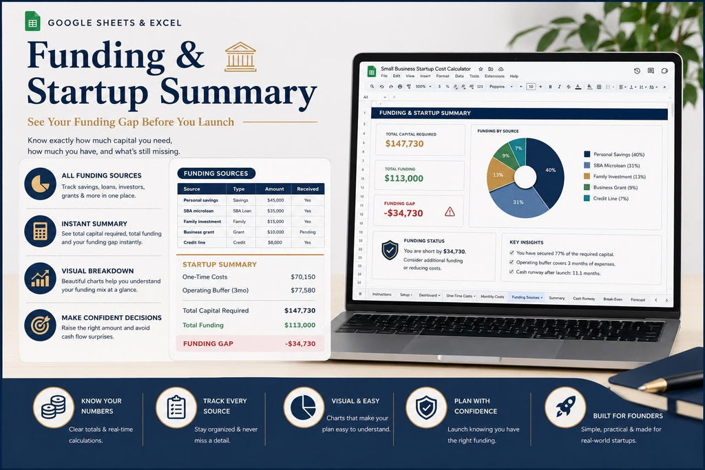 Small Business Startup Cost Calculator: Budget, Funding, Cash Runway (Google Sheets/Excel)
