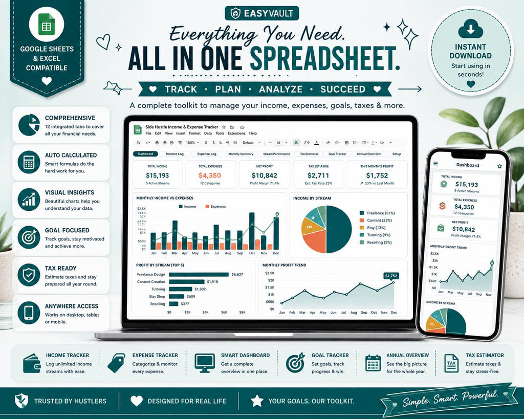 Side Hustle Income & Expense Tracker: Multi-Stream Profit, Tax Estimator (Google Sheets, Excel)