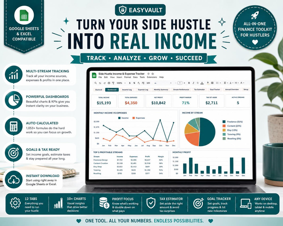 Side Hustle Income & Expense Tracker: Multi-Stream Profit, Tax Estimator (Google Sheets, Excel)
