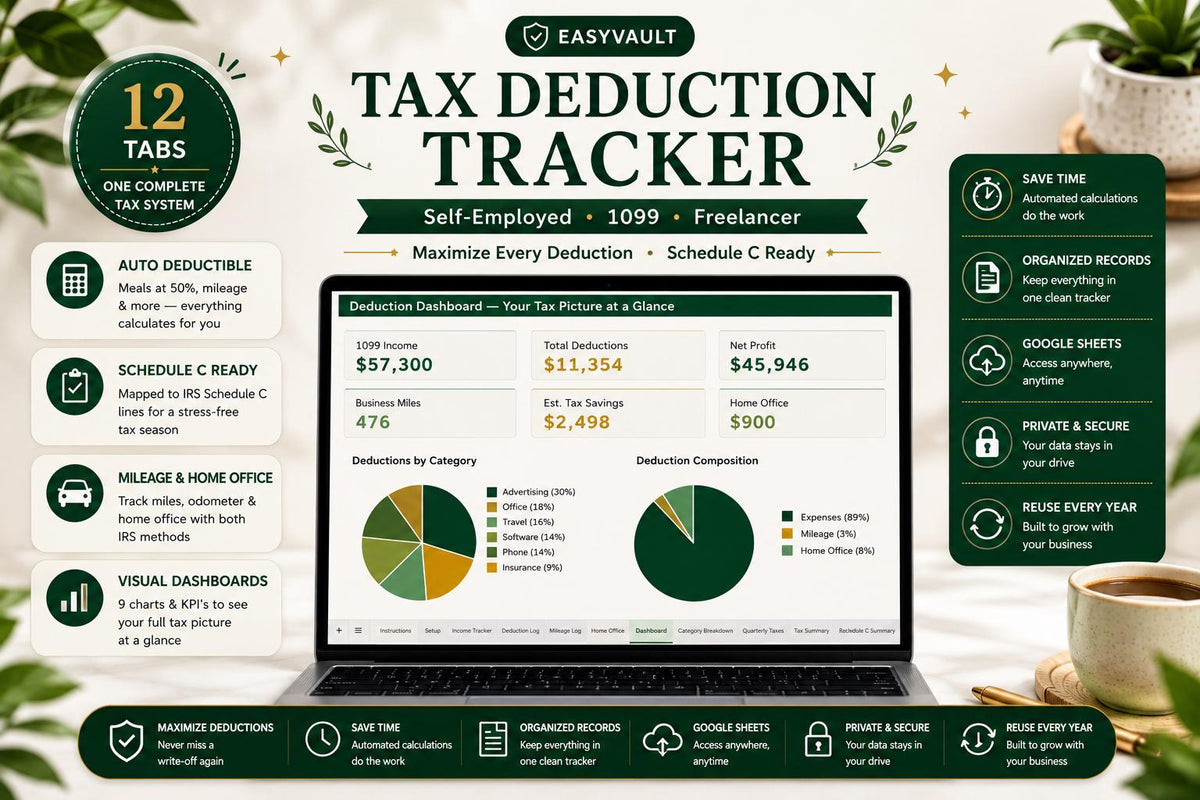 Self-Employed Tax Deduction Tracker: 1099 Freelancer Schedule C Expense Calculator (Google Sheets)