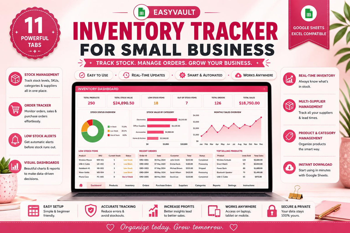 Small Business Inventory Tracker: Google Sheets, Excel Compatible, Low Stock Alerts