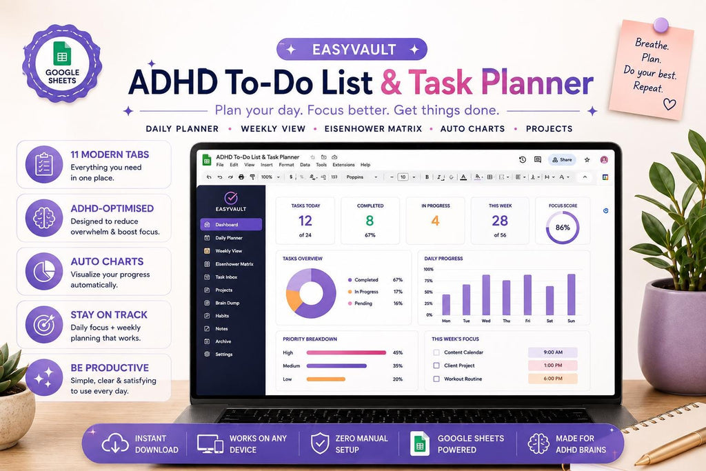 ADHD Task Planner Google Sheets | Daily Weekly Eisenhower Matrix Tracker