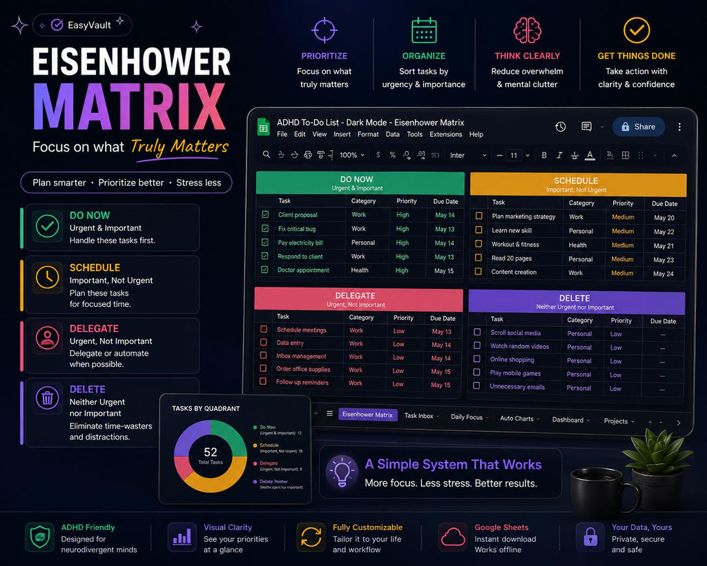 ADHD Task Planner Google Sheets | Dark Mode Eisenhower Matrix Tracker (Digital Download)