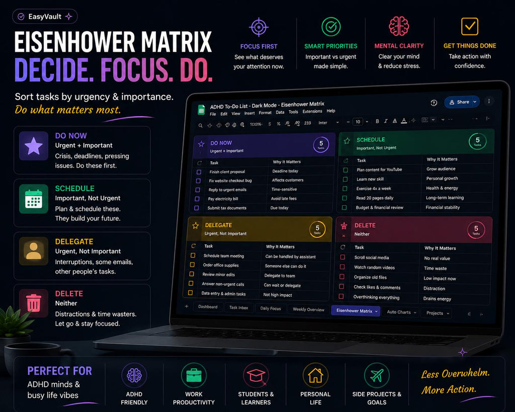ADHD Task Planner Google Sheets | Dark Mode Eisenhower Matrix Tracker (Digital Download)