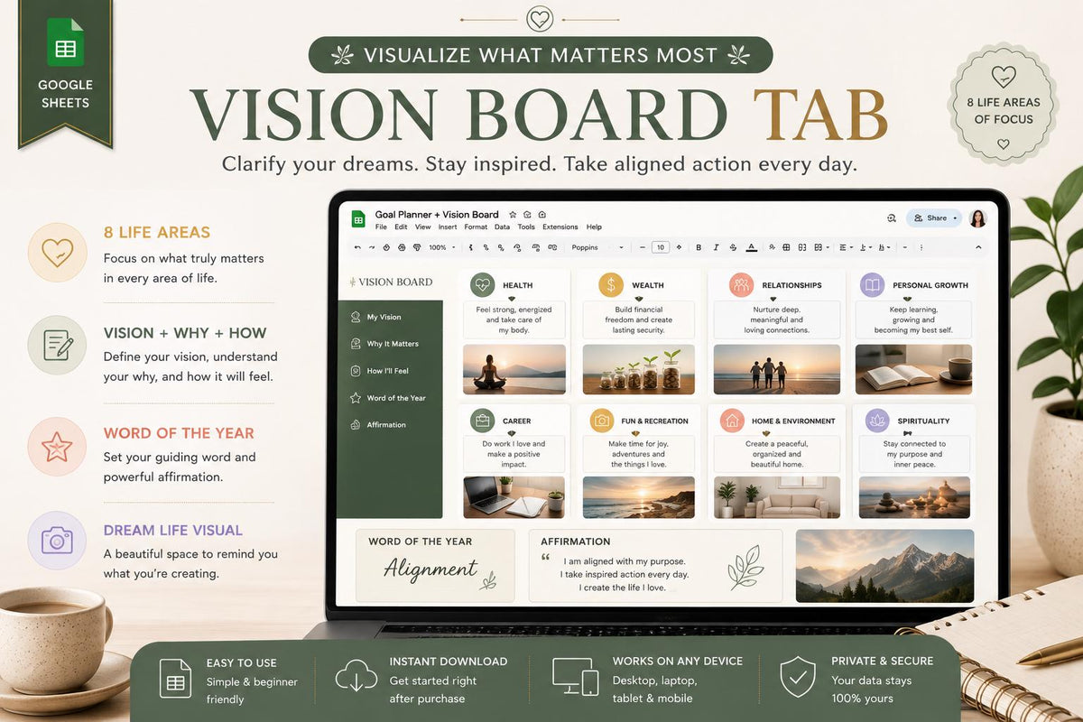 ADHD Goal Planner Google Sheets | SMART Goals Vision Board, Quarterly Tracker