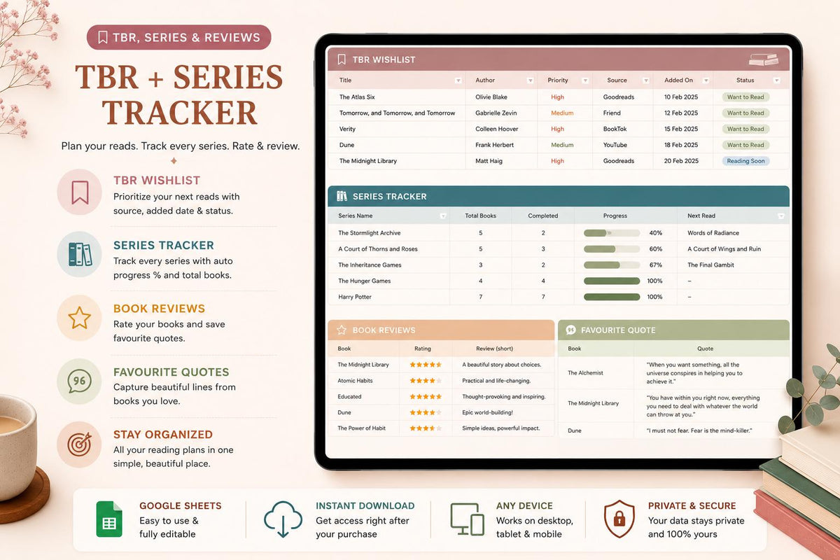 ADHD Book Tracker Google Sheets Reading Journal | TBR Series Log (Digital Download)