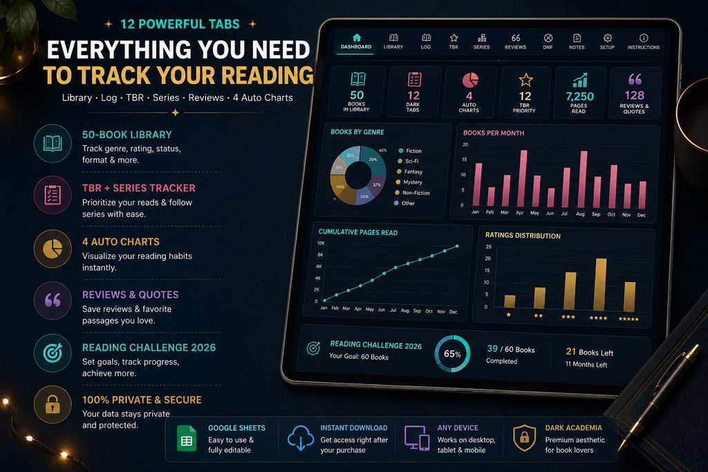 ADHD Book Tracker Google Sheets | Dark Academia Reading Journal (Digital Download)