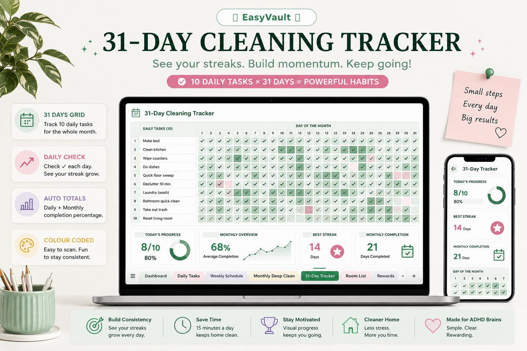 ADHD Cleaning Planner Google Sheets Chore Chart | 31-Day Tracker Schedule (Digital Download)