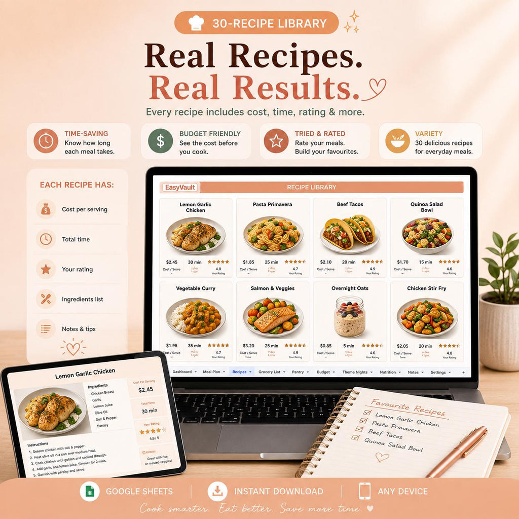 Weekly Meal Planner Google Sheets | Automated Grocery List, Recipe Tracker