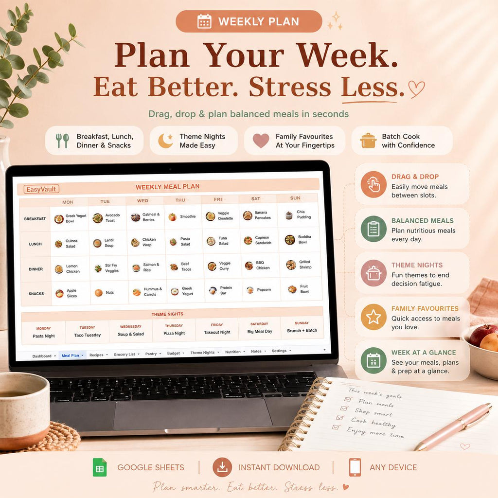Weekly Meal Planner Google Sheets | Automated Grocery List, Recipe Tracker