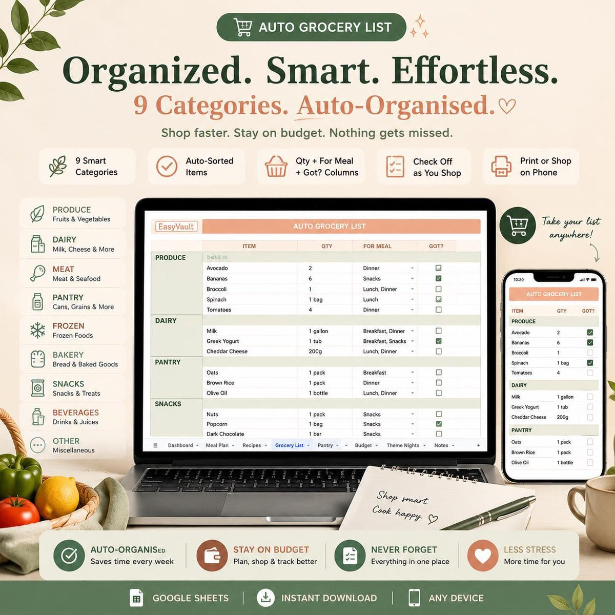 Weekly Meal Planner Google Sheets | Automated Grocery List, Recipe Tracker