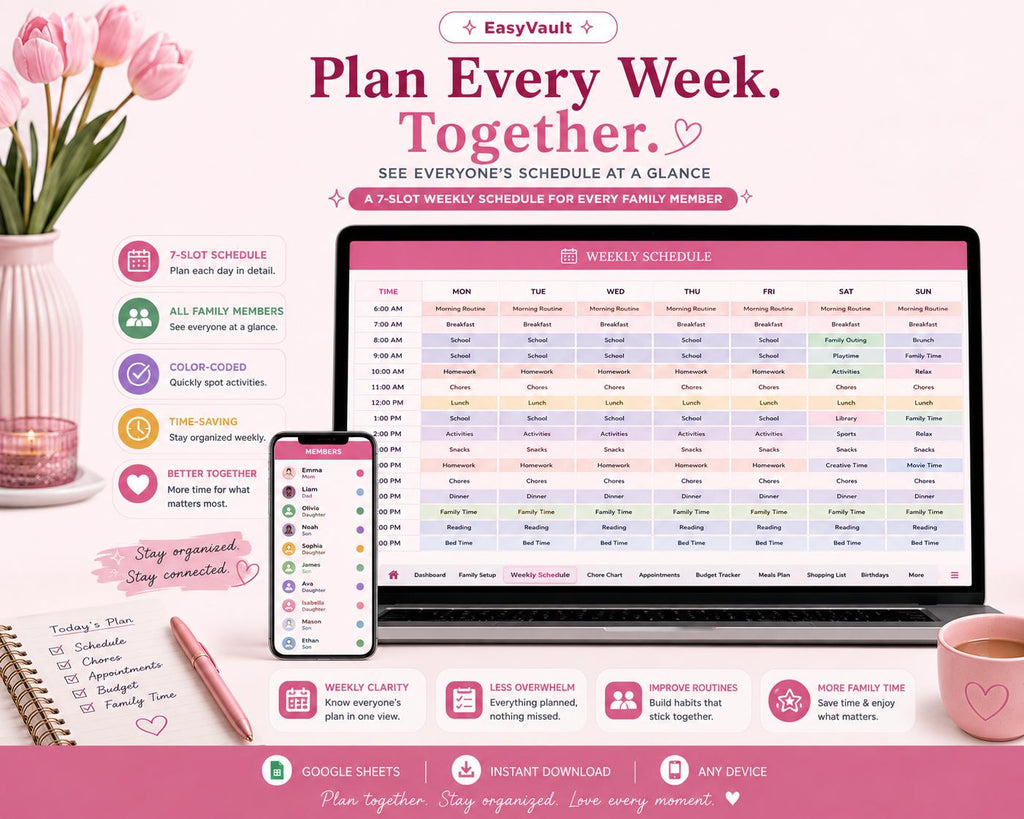 Family Command Centre Google Sheets Planner | Weekly Schedule, Chores, Budget (Digital Download)
