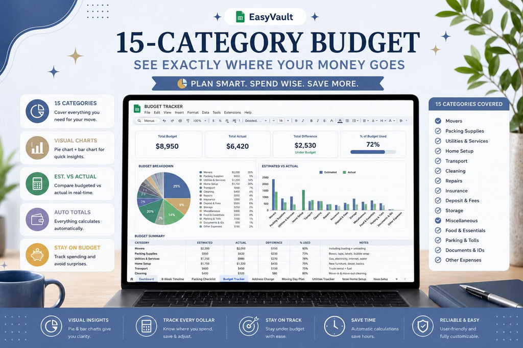 Moving House Checklist Google Sheets Planner | Budget, Timeline, Packing List (Digital Download)