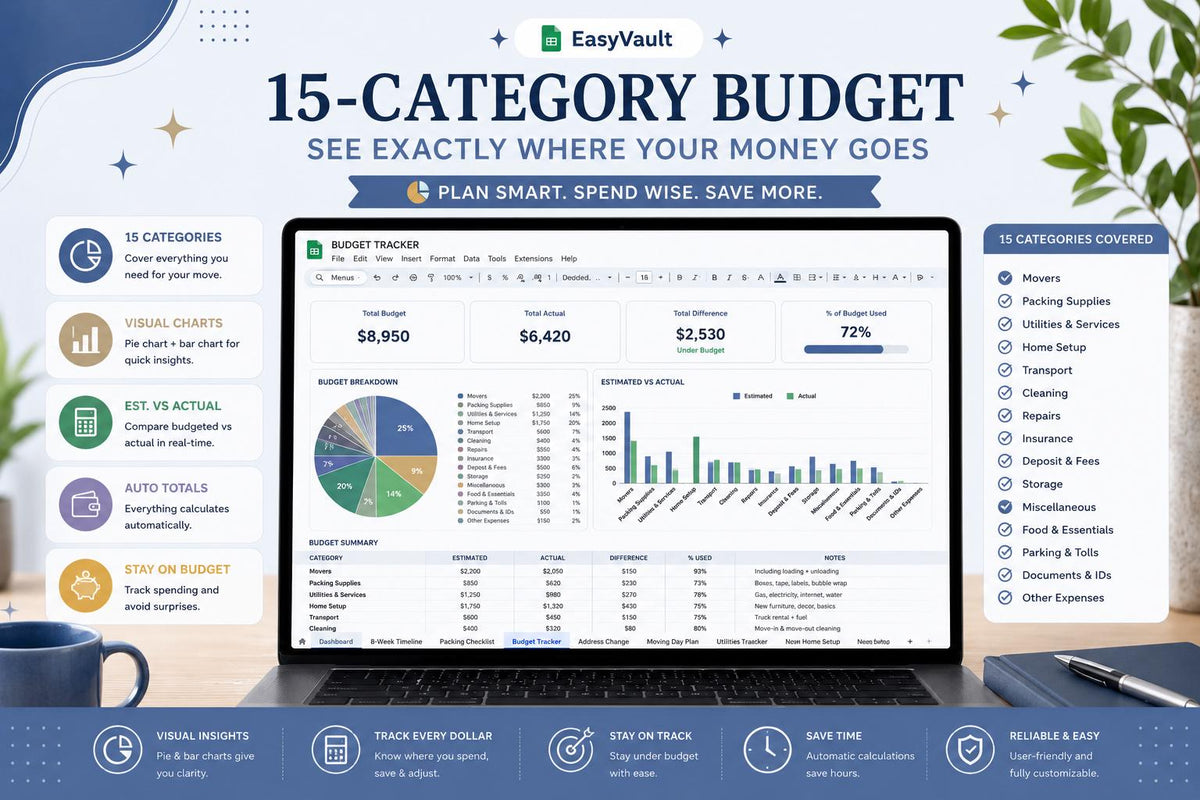 Moving House Checklist Google Sheets Planner | Budget, Timeline, Packing List (Digital Download)