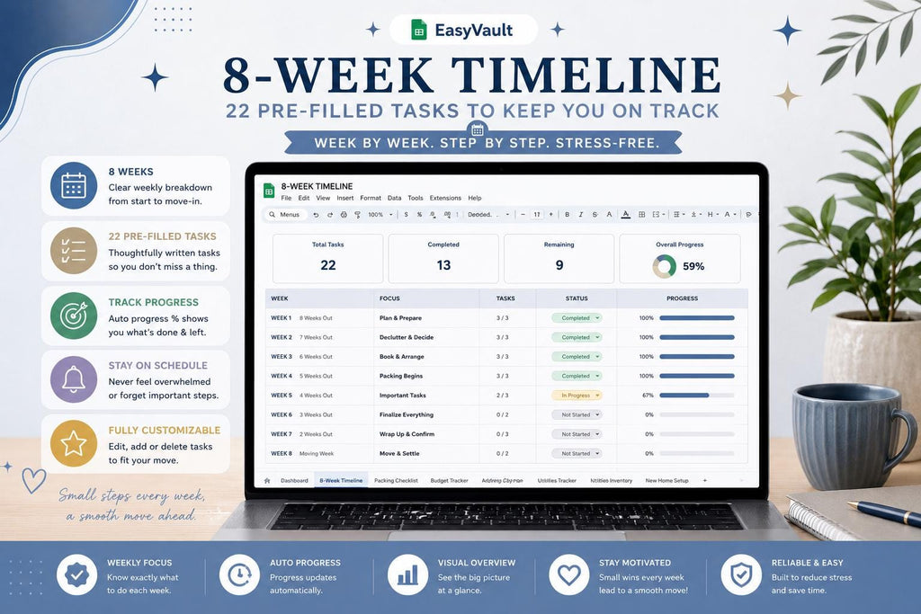 Moving House Checklist Google Sheets Planner | Budget, Timeline, Packing List (Digital Download)
