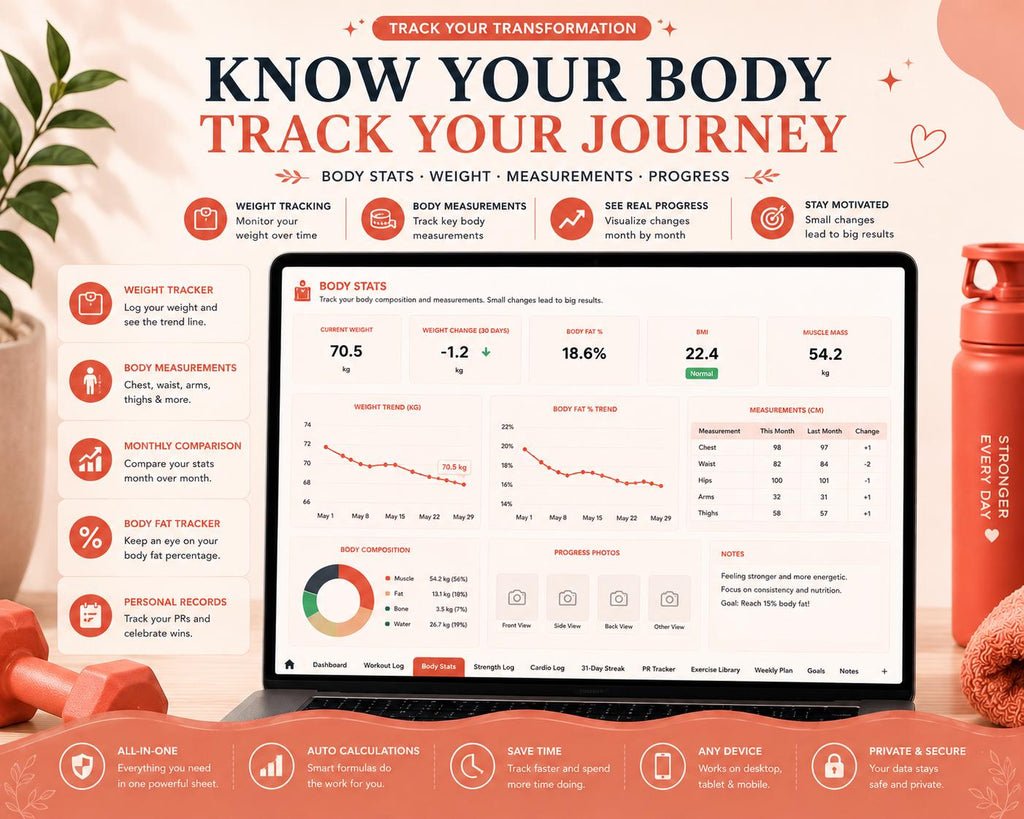 Workout Fitness Tracker Google Sheets | Strength Cardio Body Stats (Digital Download)