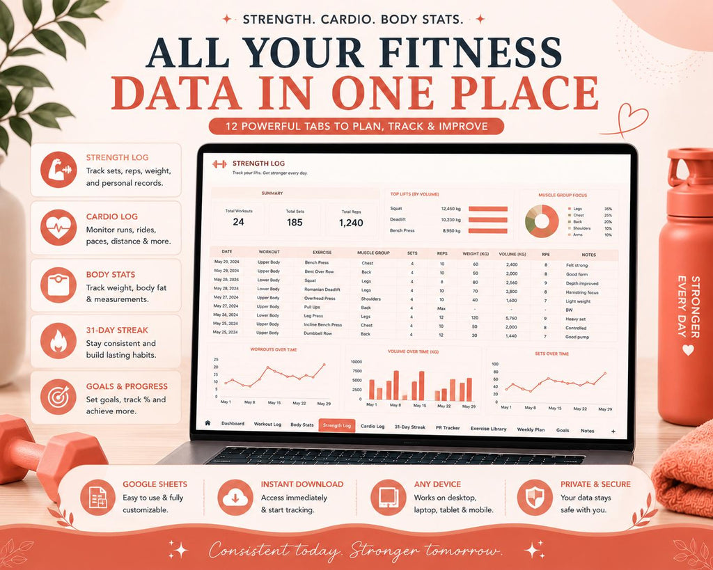 Workout Fitness Tracker Google Sheets | Strength Cardio Body Stats (Digital Download)