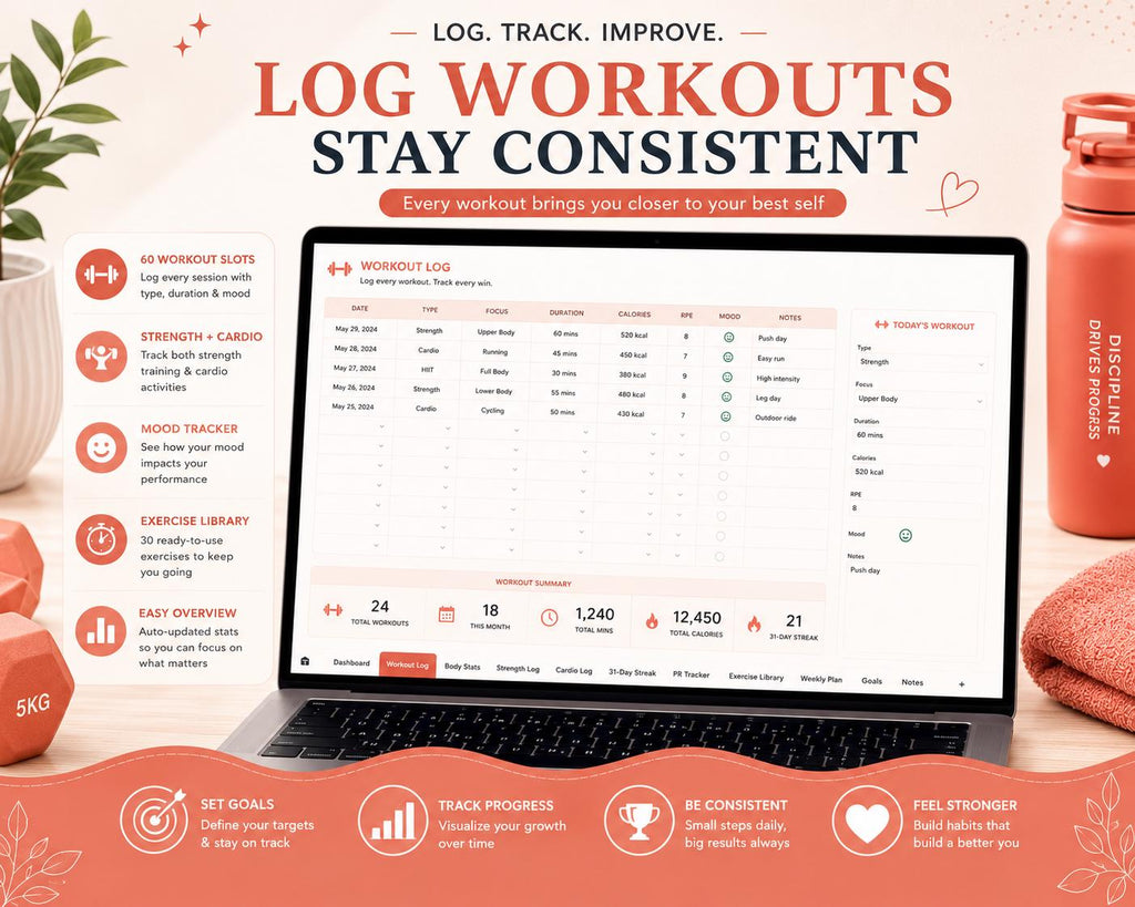 Workout Fitness Tracker Google Sheets | Strength Cardio Body Stats (Digital Download)