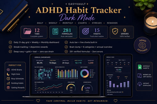 ADHD Habit Tracker Dark Mode Google Sheets | Daily Weekly Monthly Streak Planner