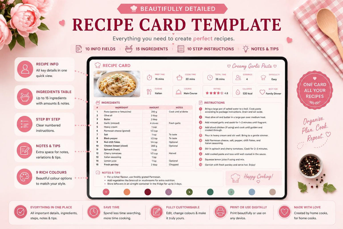 Editable Google Sheets Recipe Book | Digital Cookbook Organizer (50 Recipes)
