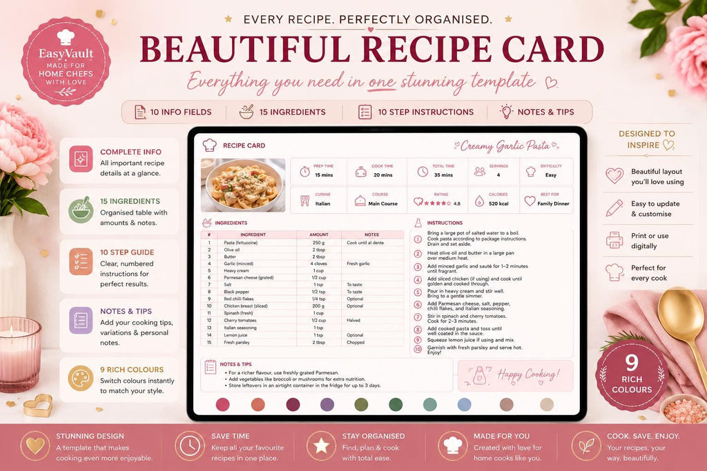 Editable Google Sheets Recipe Book | Digital Cookbook Organizer (50 Recipes)