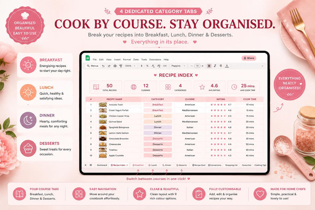 Editable Google Sheets Recipe Book | Digital Cookbook Organizer (50 Recipes)