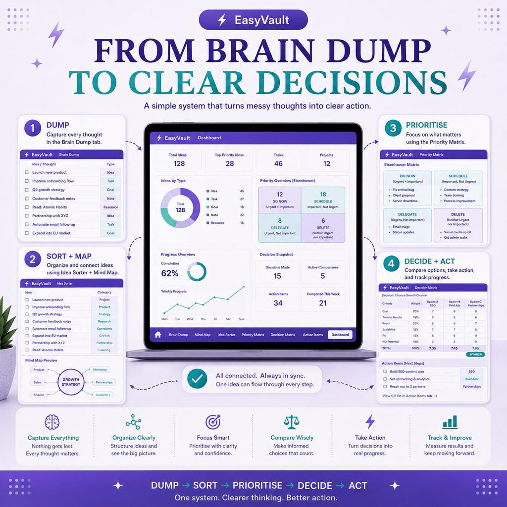Mind Map Brain Dump Template | ADHD, Eisenhower Matrix, Idea Organizer (Google Sheets)