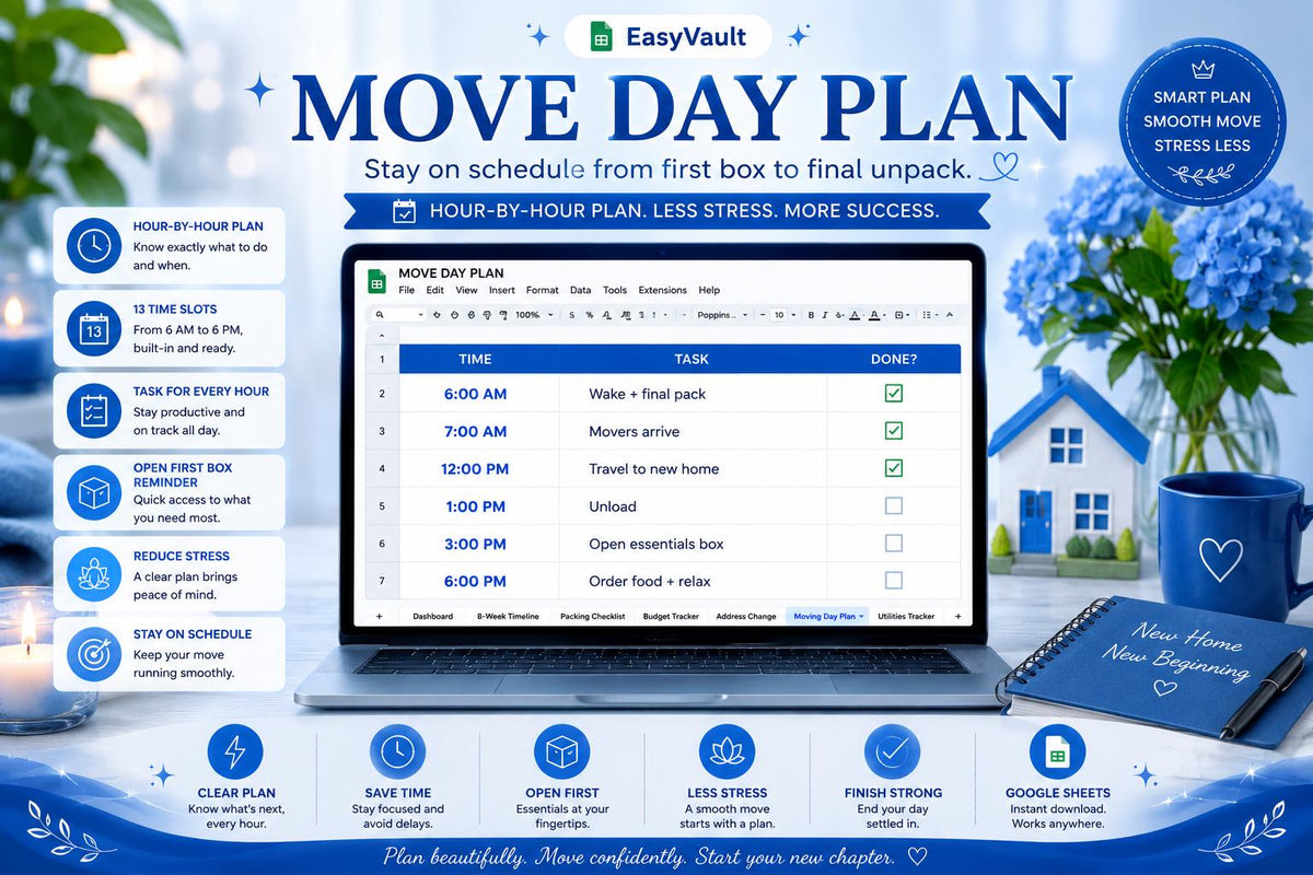Moving House Checklist Google Sheets Planner | Budget, Timeline, Packing List (Digital Download)