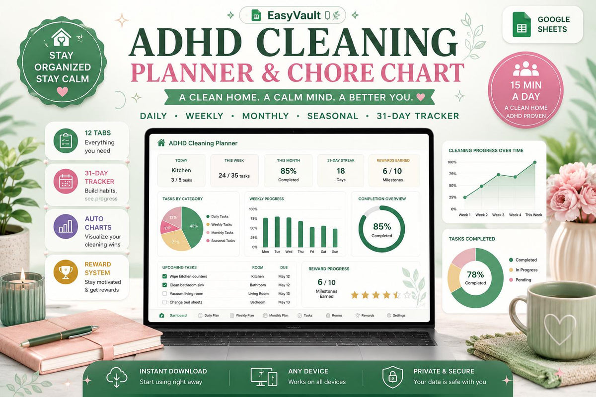 ADHD Cleaning Planner Google Sheets Chore Chart | 31-Day Tracker Schedule (Digital Download)