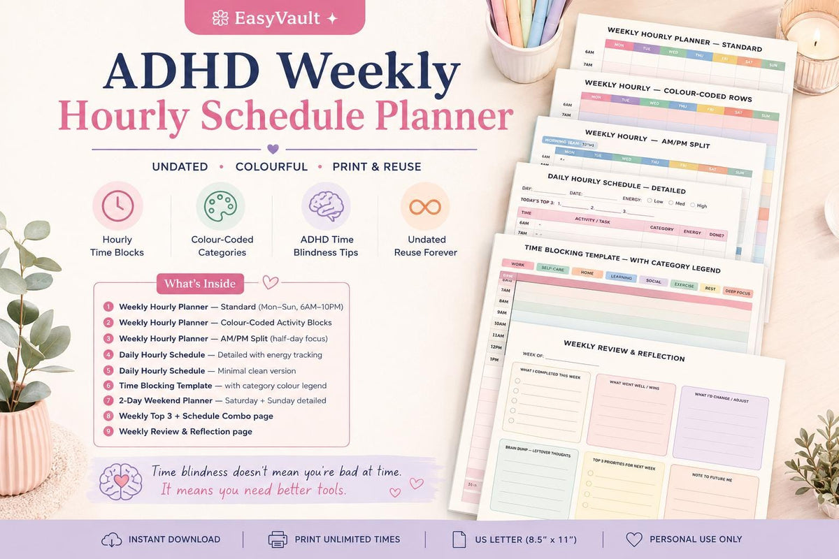 ADHD Weekly Hourly Schedule Planner (Undated, Colourful)