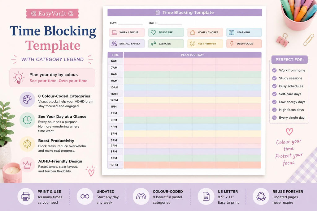 ADHD Weekly Hourly Schedule Planner (Undated, Colourful)