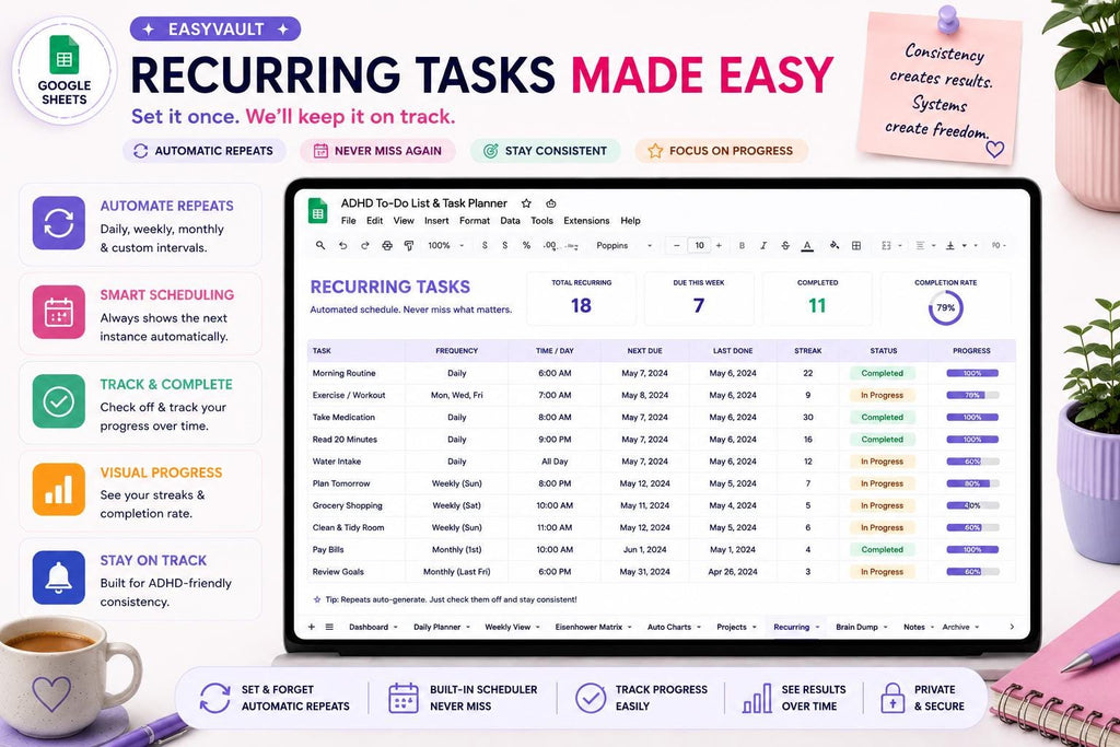 ADHD Task Planner Google Sheets | Daily Weekly Eisenhower Matrix Tracker